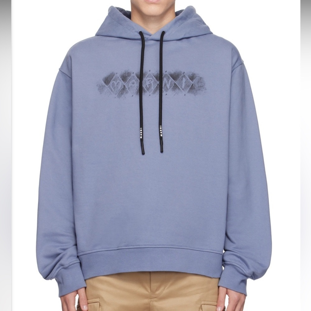 Marni Blue Argyle Logo Blue French Terry Hoodie Sweatershirt Pullover 50 L